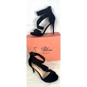De Blossom Isabella Strappy Heels Black Suede Bedazzled Formal Party Size 6